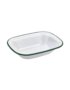 12 Pcs - Barquette en acier émaillé blanc bord vert - 1100 ml, 260 x 190 mm, H 55 mm