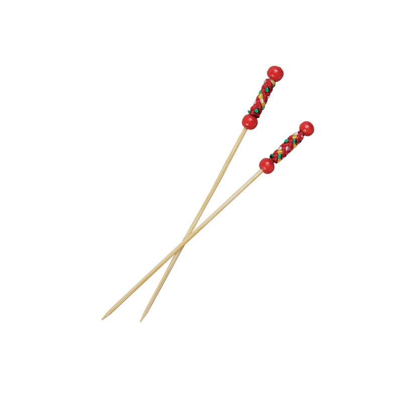 Pique bambou perles nature décor rouge "Fuji" 11,2 cm x 100 unités