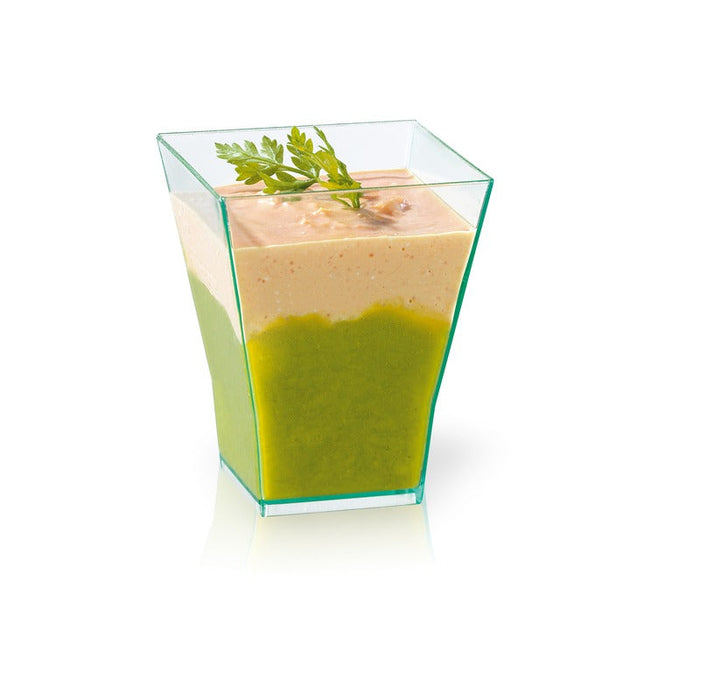 30pcs - Verrine pyramidale plastique PS transparente verte « Taïti » - 60 ml - 4,5 cm x 4,5 cm x 5,5 cm
