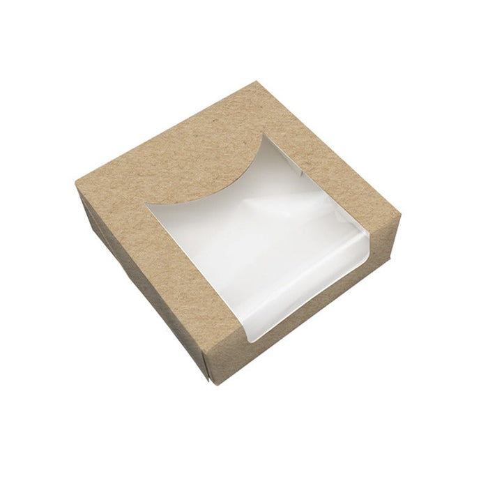 50pcs - Boîte pâtissière carton kraft brun avec couvercle attaché à fenêtre PLA - 12 cm x 12 cm x 5 cm