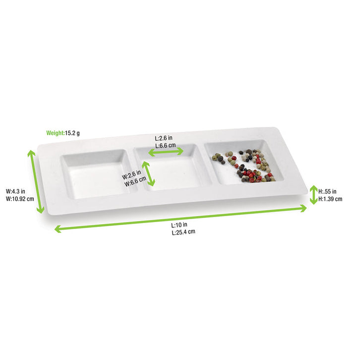 50pcs - Assiette rectangulaire blanche en pulpe à 3 compartiments - 26 cm x 11 cm