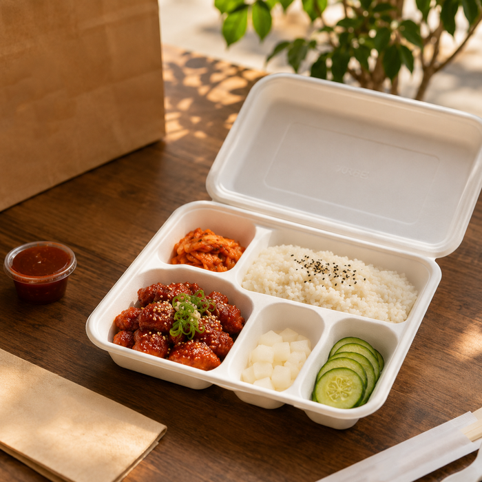 50pcs - Plateau repas blanc en pulpe 5 compartiments avec couvercle - 28,2 cm x 22 cm x 3,75 cm