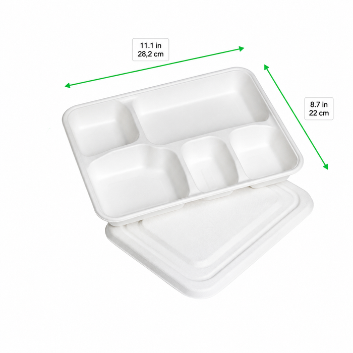 50pcs - Plateau repas blanc en pulpe 5 compartiments avec couvercle - 28,2 cm x 22 cm x 3,75 cm