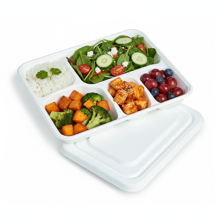 50pcs - Plateau repas blanc en pulpe 5 compartiments avec couvercle - 28,2 cm x 22 cm x 3,75 cm