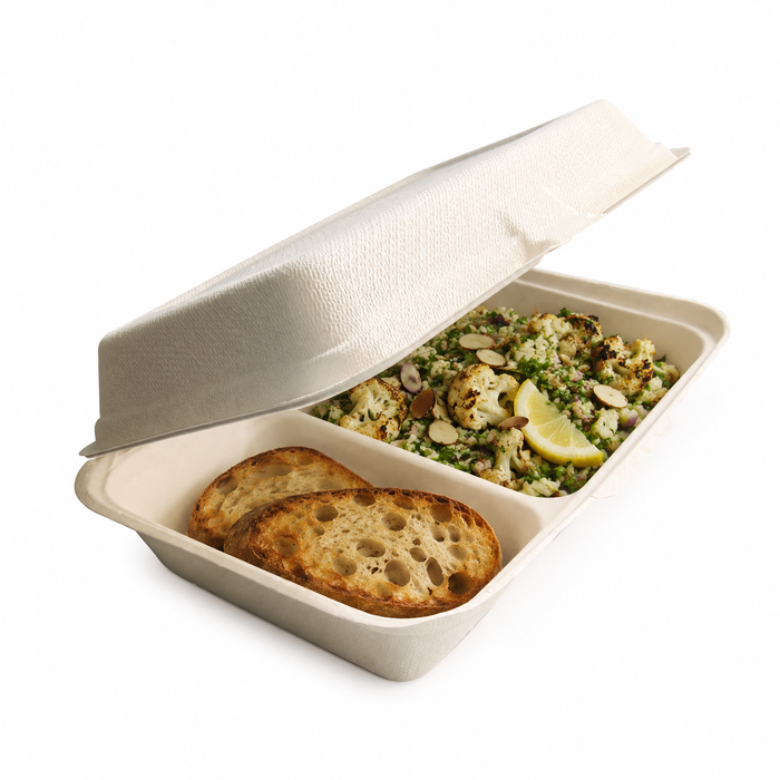 50pcs - 1000ml 24,3x16x7,3cm - Coquille blanche en pulpe 2 compartiments