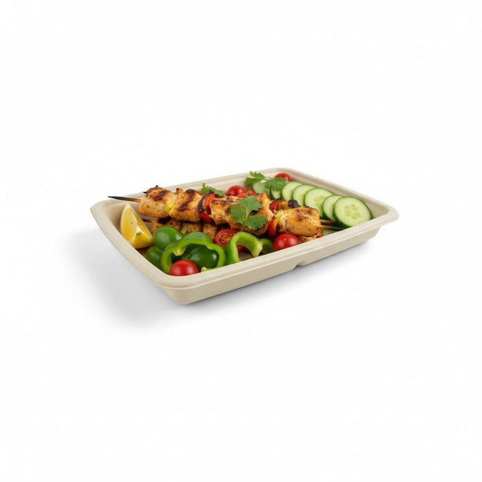 50pcs - Plateau rectangulaire brun en pulpe - 22,6 cm x 16,2 cm x 2,7 cm
