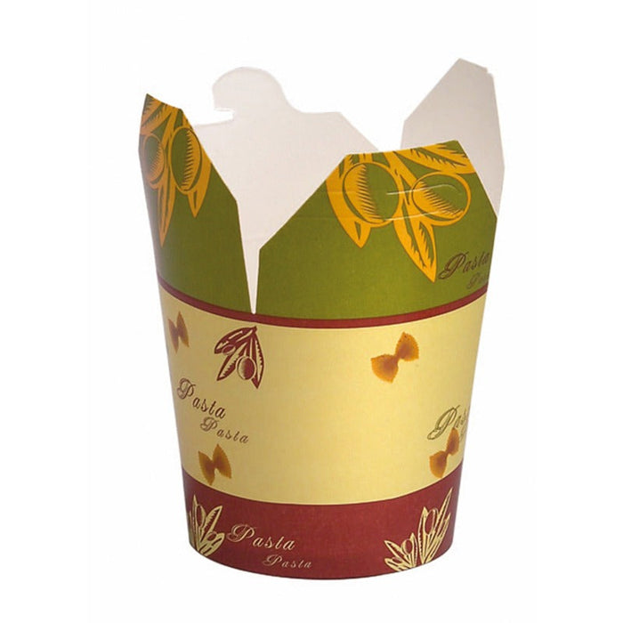 50pcs - Pot carton blanc décor "Pasta" base ronde fermeture à fente - 850 ml - Ø 9,3 cm - H 9,5 cm
