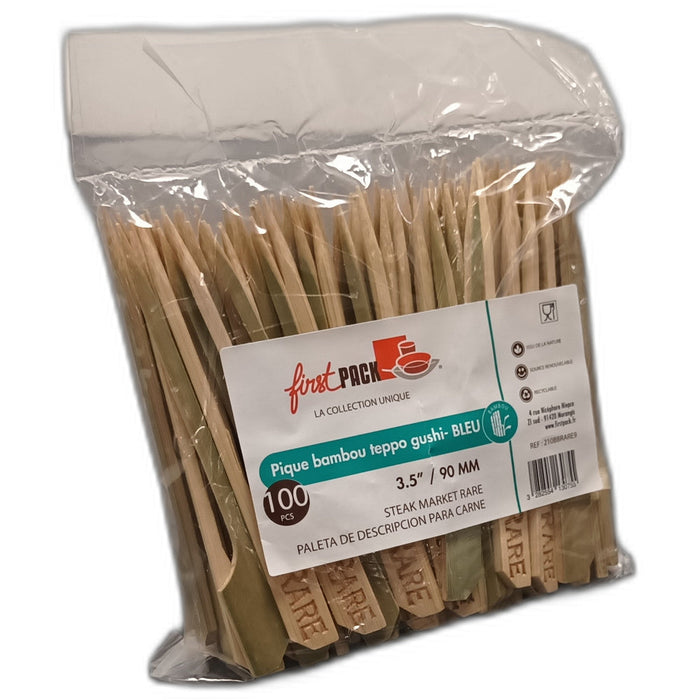 100pcs - Pique steak bambou "Teppo Gushi" Rare (bleu) en boîte présentoir - 9 cm