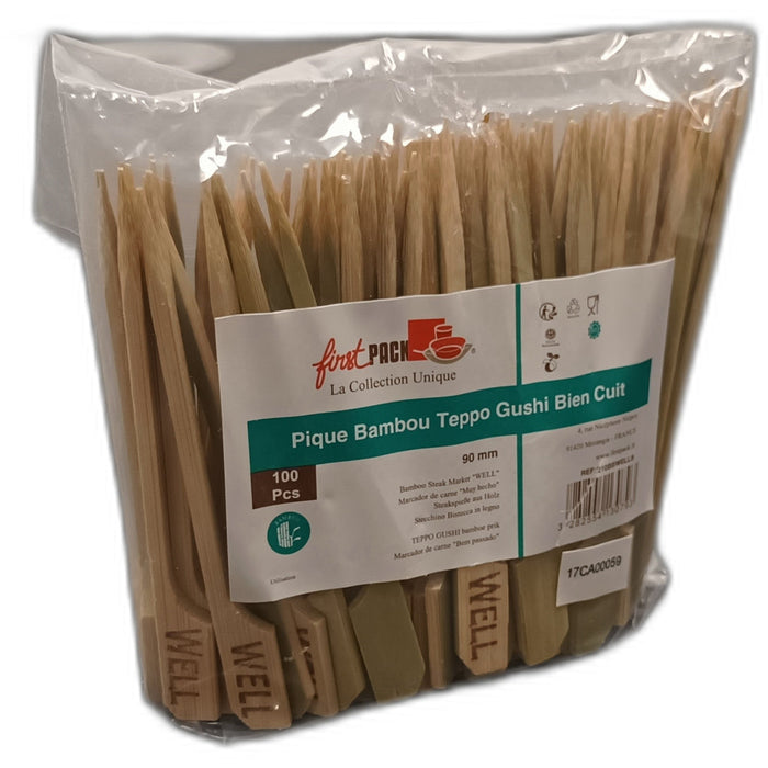 100pcs - Pique steak bambou "Teppo Gushi" Well (bien cuit) - 9 cm