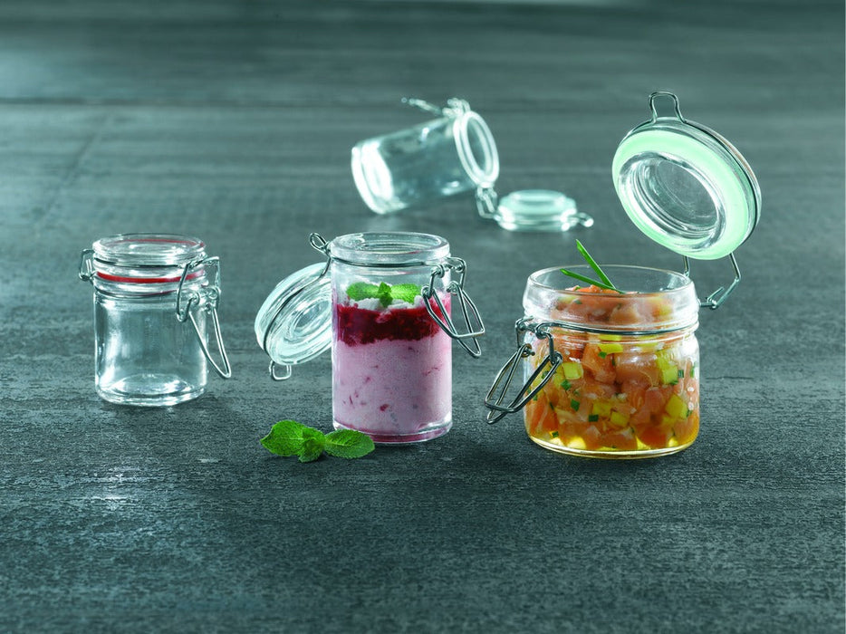 12pcs - Mini bocal en verre avec joint silicone noir - 150 ml - Ø 6,6 cm - H 9,1 cm