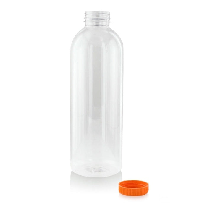 74pcs - Bouteille plastique PET transparente avec bouchon attaché orange - 1000 ml - Ø 8,3 cm - H 24 cm