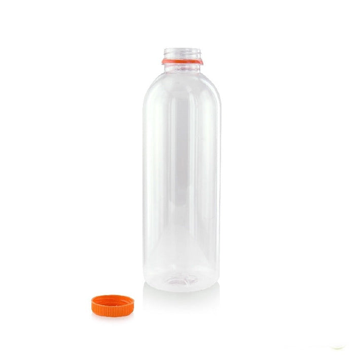 150pcs - Bouteille plastique PET transparente avec bouchon attaché orange - 500 ml - Ø 6,8 cm - H 18,7 cm