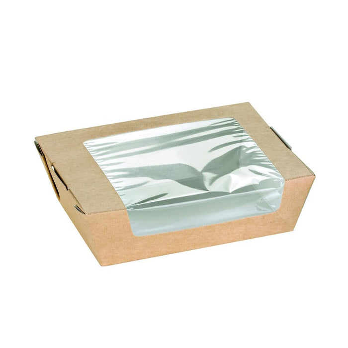 100pcs - Boîte salade carton kraft brun à fenêtre - 500 ml - 13,5 cm x 11,5 cm x 4 cm