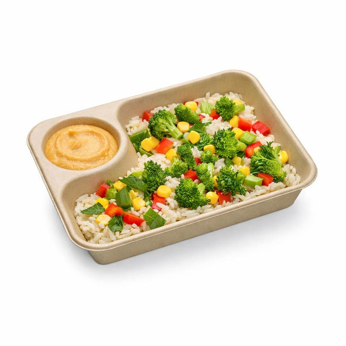 50pcs - Plateau rectangulaire brun en pulpe avec compartiment à sauce - 850 ml - 21,8 cm x 16,5 cm x 4,5 cm
