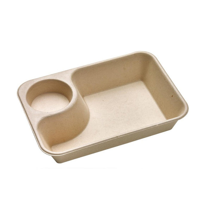 50pcs - Plateau rectangulaire brun en pulpe avec compartiment à sauce - 850 ml - 21,8 cm x 16,5 cm x 4,5 cm