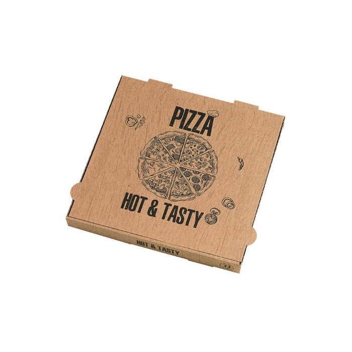 100pcs - Boîte à pizza carton brun décor "Hot and Tasty" - 26 cm x 26 cm x 4 cm