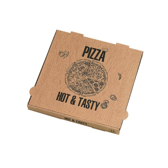 100pcs - Boîte à pizza carton brun décor "Hot and Tasty" - 29 cm x 29 cm x 4 cm