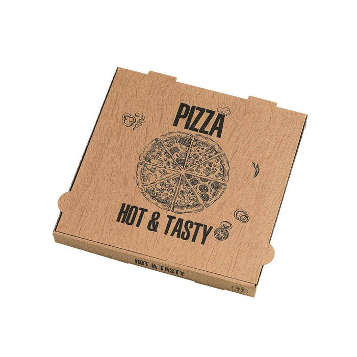100pcs - Boîte à pizza carton brun décor "Hot and Tasty" - 31 cm x 31 cm x 4 cm