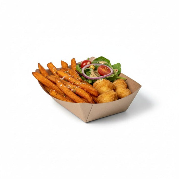 250pcs - Barquette bateau en carton kraft brun ingraissable avec PE - 175 ml - 14 cm x 10 cm x 3,8 cm