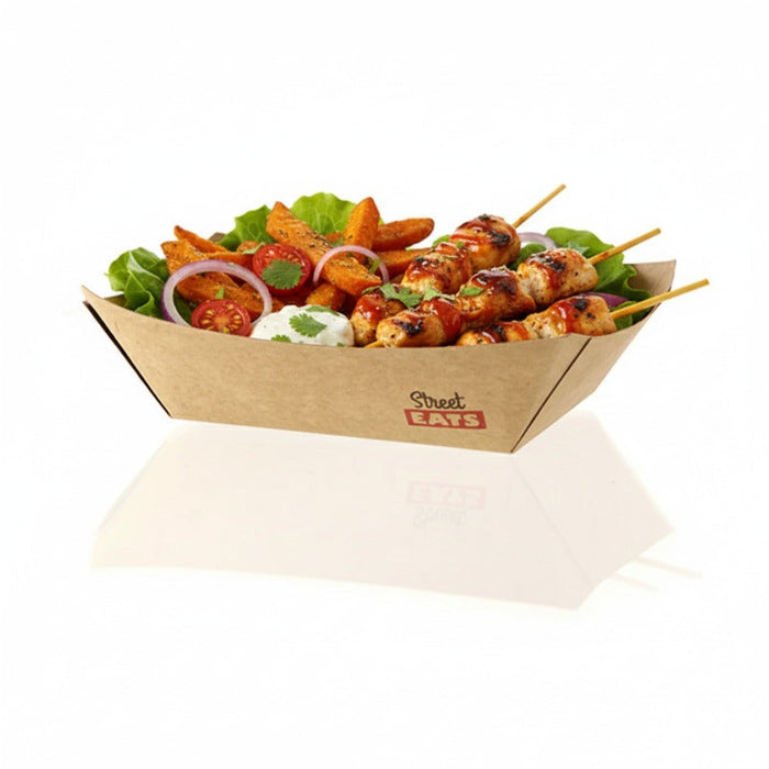 250pcs - Barquette bateau en carton kraft brun ingraissable avec PE - 1200 ml - 24,5 cm x 16,5 cm x 5 cm