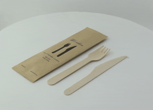 50pcs - Kit couverts bois 2 / 1: couteau fourchette, emballage kraft - 16,5 cm