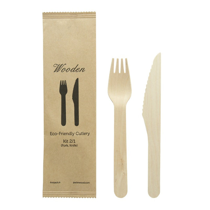 50pcs - Kit couverts bois 2 / 1: couteau fourchette, emballage kraft - 16,5 cm