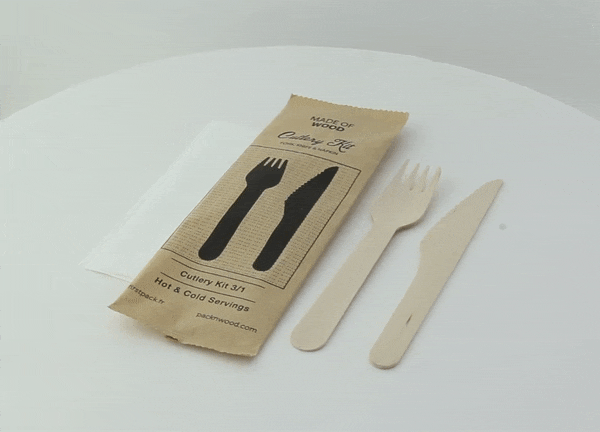 50pcs - Kit couverts bois 3 / 1: couteau fourchette serviette, emballage kraft - 16,5 cm