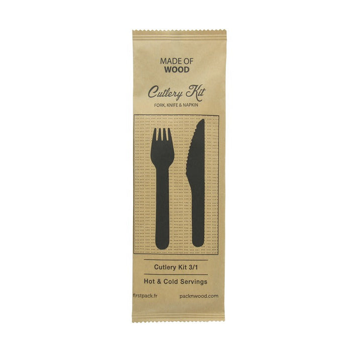 50pcs - Kit couverts bois 3 / 1: couteau fourchette serviette, emballage kraft - 16,5 cm