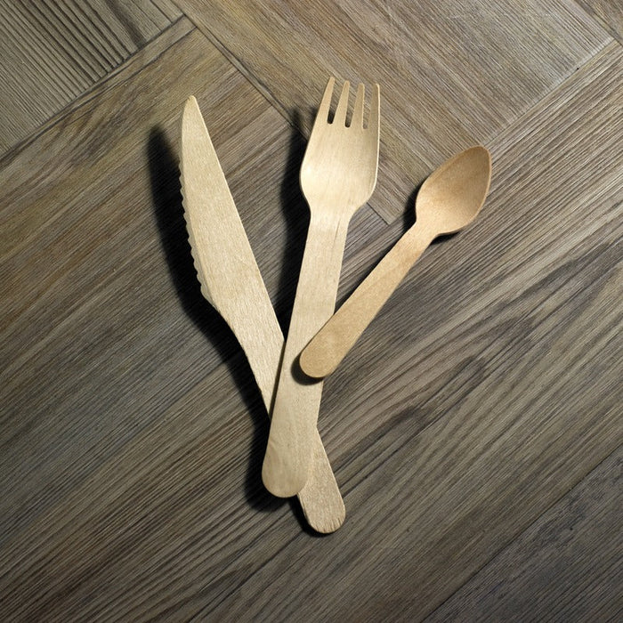 50pcs - Kit couverts bois 4/1: couteau fourchette cuillère serviette, emballage kraft - 16,5 cm