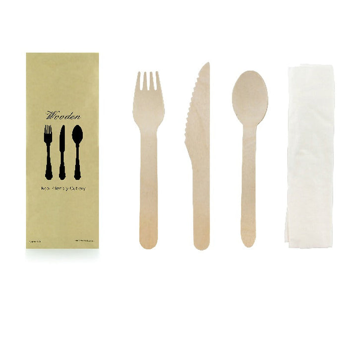50pcs - Kit couverts bois 4/1: couteau fourchette cuillère serviette, emballage kraft - 16,5 cm