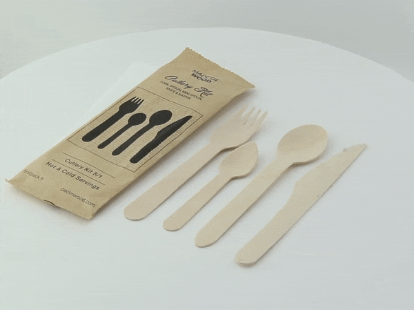 50pcs - Kit couverts bois 5 / 1: couteau fourchette petite&grande cuillère serviette, emballage kraft - 16,5 cm
