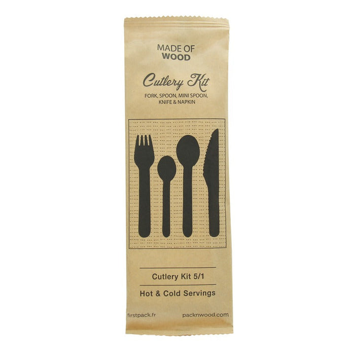 50pcs - Kit couverts bois 5 / 1: couteau fourchette petite&grande cuillère serviette, emballage kraft - 16,5 cm