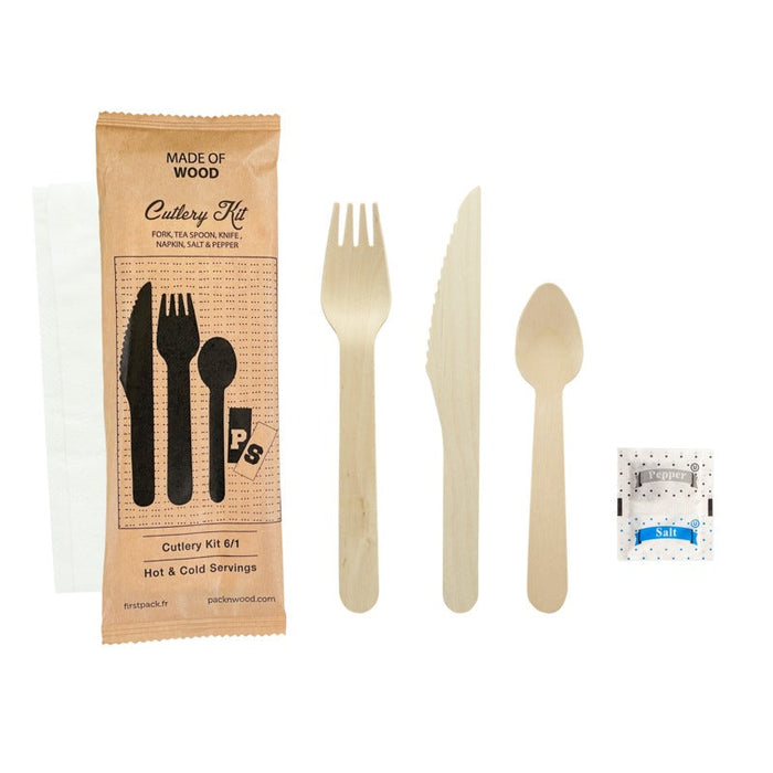 50pcs - Kit couv bois 6 / 1: cout, four, cuil café, serv, sel, poivre, emb kraft - 16,5 cm
