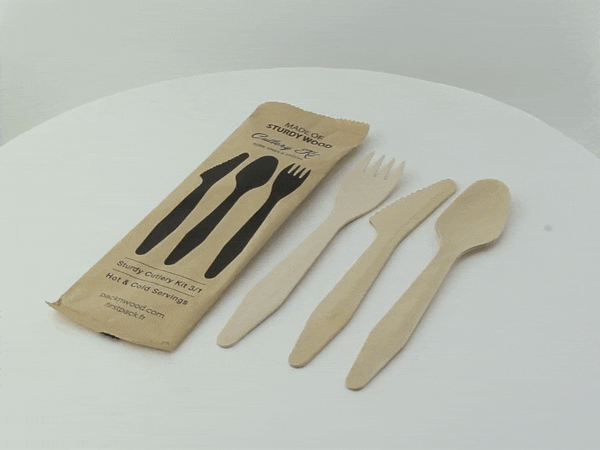 50pcs - "Hercule" Kit couverts bois 3/1: couteau fourchette cuillère, emballage kraft - 18,5 cm