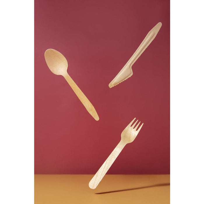 50pcs - "Hercule" Kit couverts bois 3/1: couteau fourchette cuillère, emballage kraft - 18,5 cm