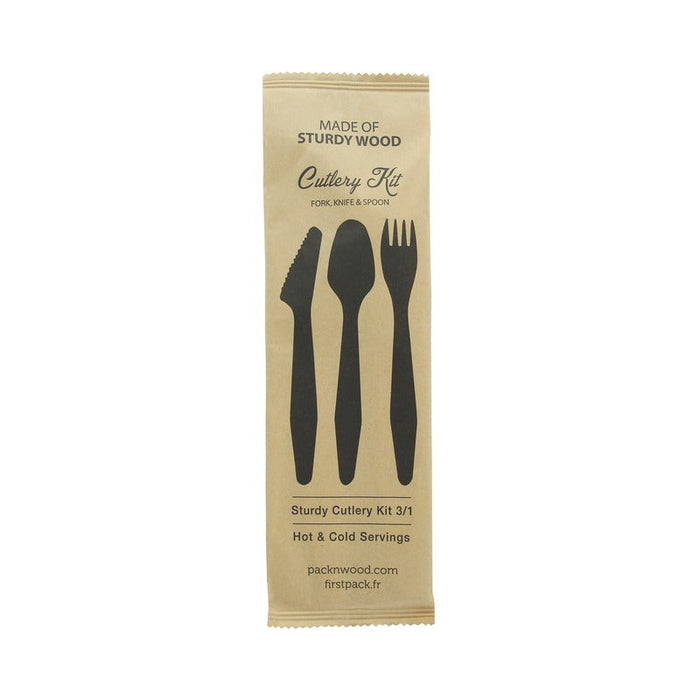 50pcs - "Hercule" Kit couverts bois 3/1: couteau fourchette cuillère, emballage kraft - 18,5 cm