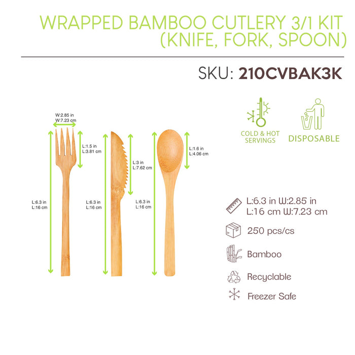 50pcs - Kit couverts bambou 3/1, emballage kraft - 16 cm