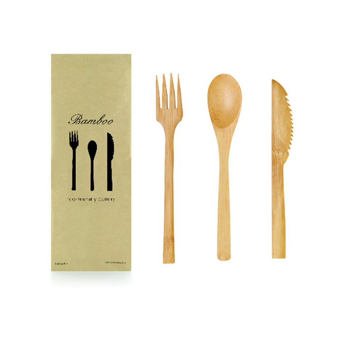 50pcs - Kit couverts bambou 3/1, emballage kraft - 16 cm