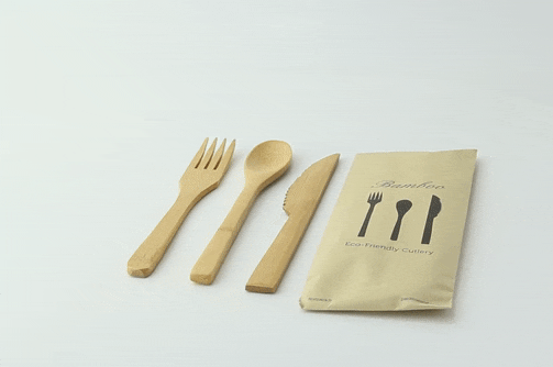 50pcs - Kit couverts bambou 3/1 : couteau fourchette cuillère, emballage transparent - 16 cm