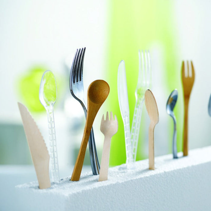 50pcs - Kit couverts bambou 3/1 : couteau fourchette cuillère, emballage transparent - 16 cm