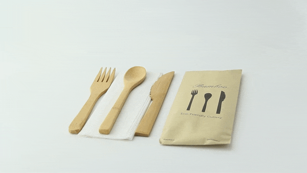 50pcs - Kit couverts bambou 4/1 "Bambi", emballage kraft - 16 cm