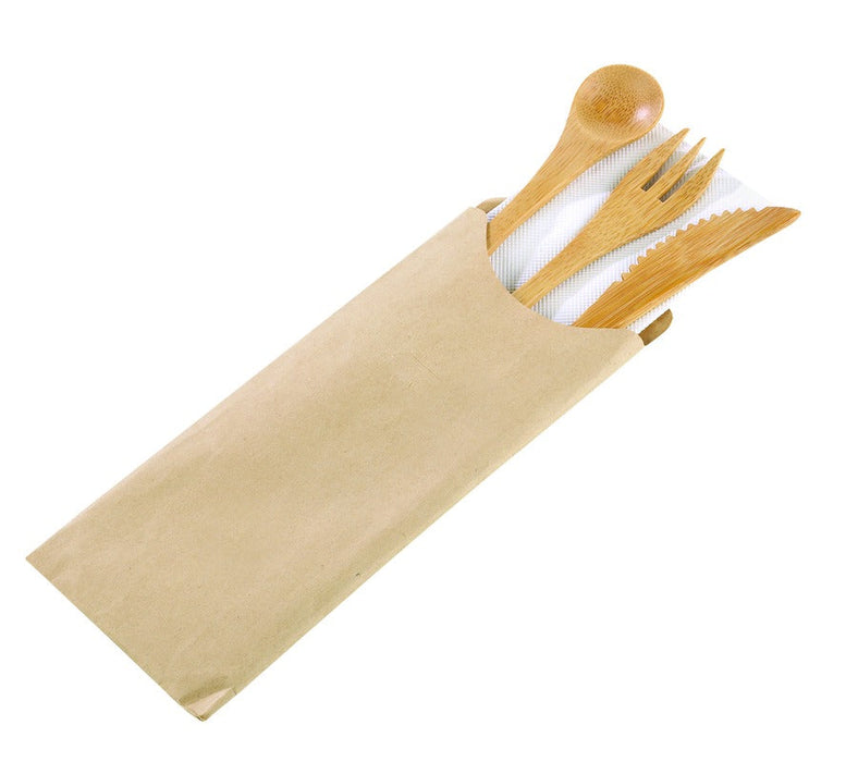 50pcs - Kit couverts bambou 4/1 "Bambi", emballage kraft - 16 cm