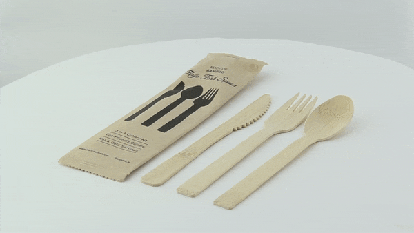 100pcs - Kit couverts bambou "Anji" 3/1: couteau fourchette cuillère, emballage kraft - 17 cm