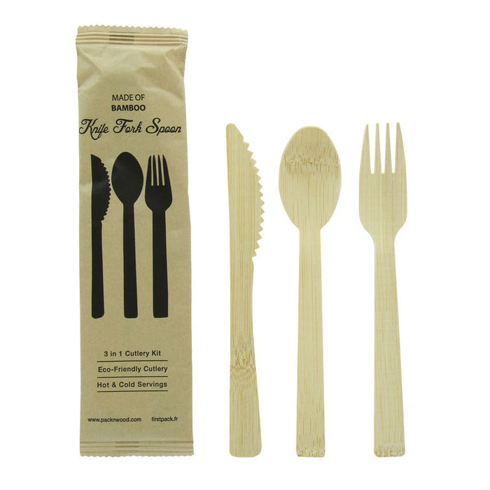 100pcs - Kit couverts bambou "Anji" 3/1: couteau fourchette cuillère, emballage kraft - 17 cm