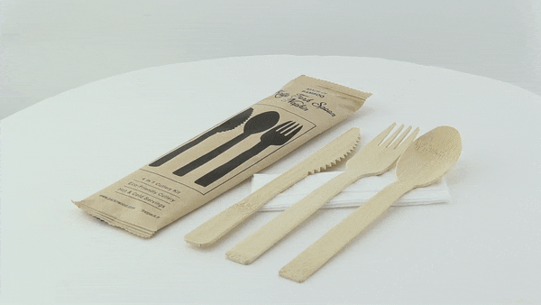 100pcs - Kit couverts bambou "Anji" 4/1: couteau fourchette cuillère serviette, emballage kraft - 17 cm