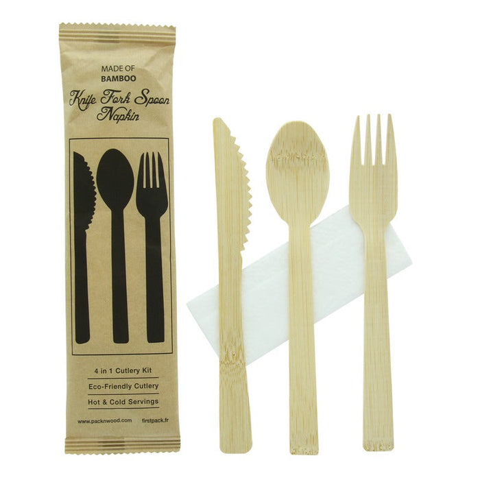 100pcs - Kit couverts bambou "Anji" 4/1: couteau fourchette cuillère serviette, emballage kraft - 17 cm