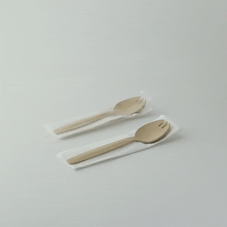 250pcs - Kit couverts bois 2/1: fourchette-cuillère serviette, emballage transparent - 14,7 cm