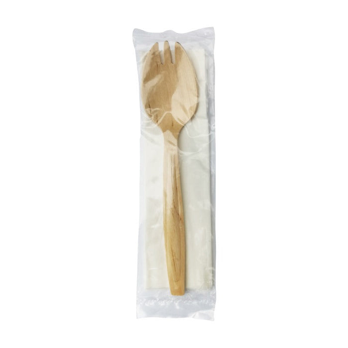 250pcs - Kit couverts bois 2/1: fourchette-cuillère serviette, emballage transparent - 14,7 cm