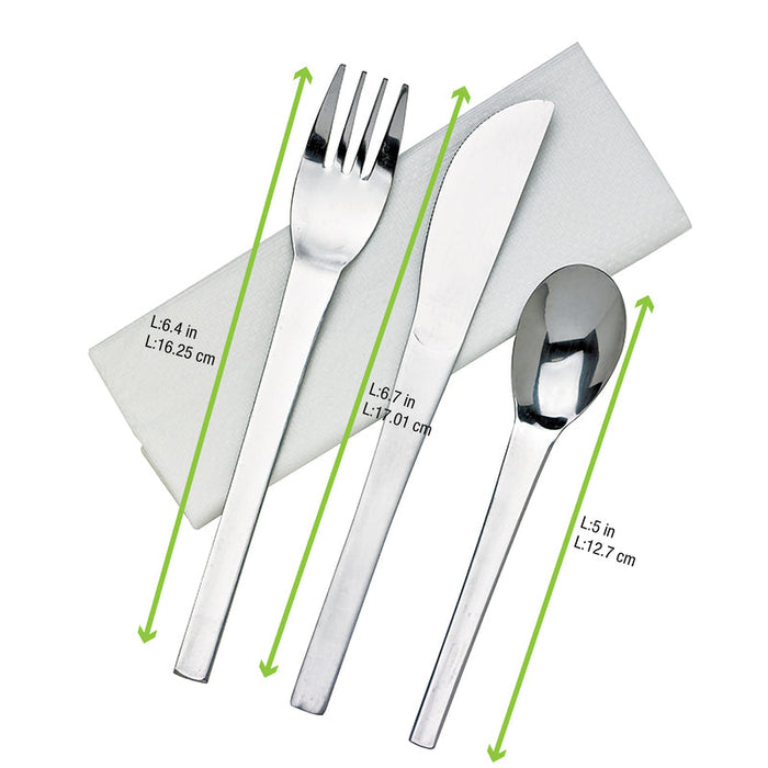 50pcs - Kit couverts en inox 4/1 : couteau fourchette cuillère serviette - 16 cm