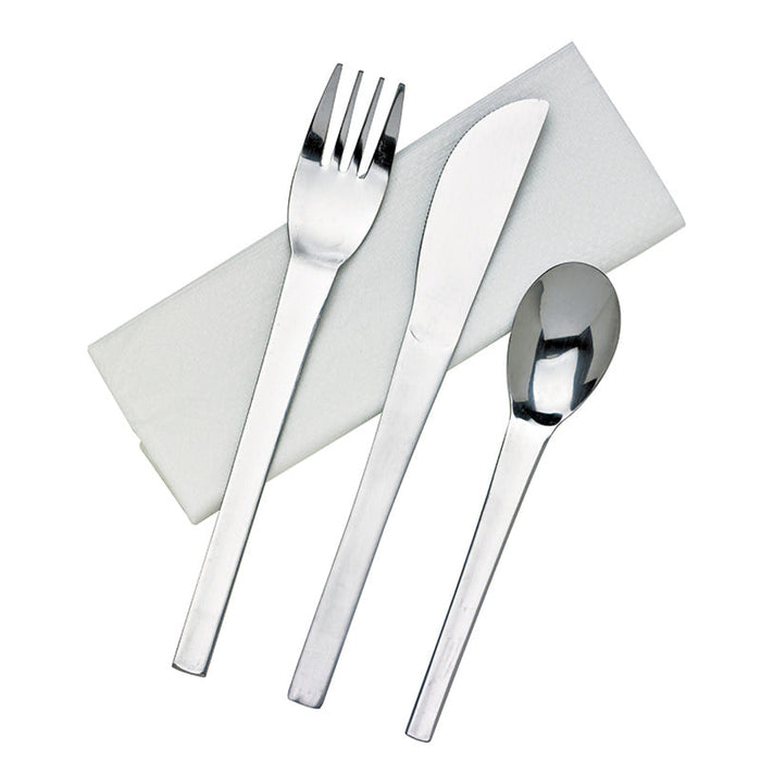 50pcs - Kit couverts en inox 4/1 : couteau fourchette cuillère serviette - 16 cm